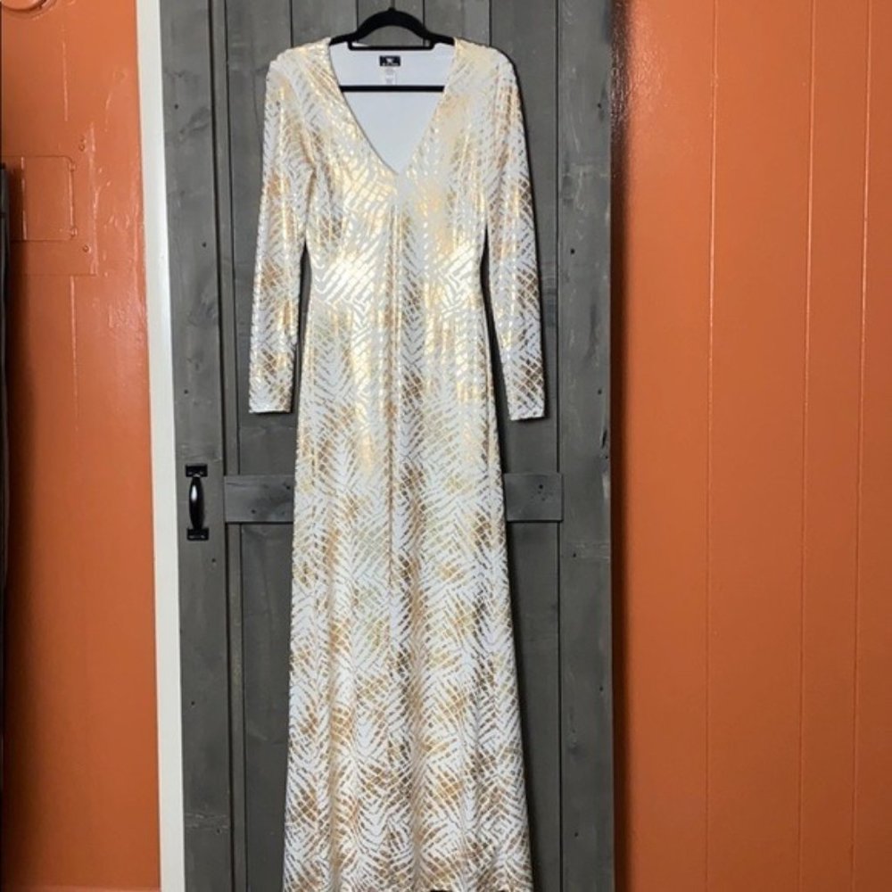 Va Va Voom White & Gold Maxi Dress Sz L